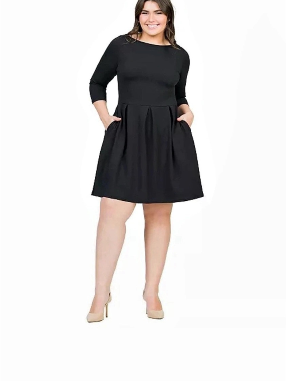 24seven Comfort Apparel Women's Boat Neck Pleated Fit N Flare Pocket Dress Black
